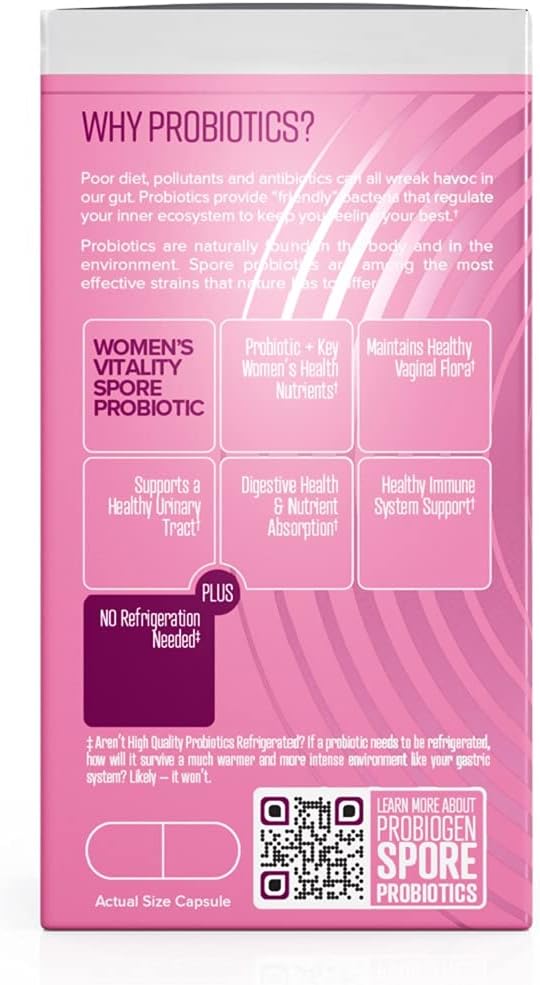 Women’s Daily Probiotic Supplement – Vitality Probiotic with Smart Spore Technology Lactobacillus Cultures Gut &amp Vaginal Health Support Gluten-Free Non-GMO - 60 Capsules