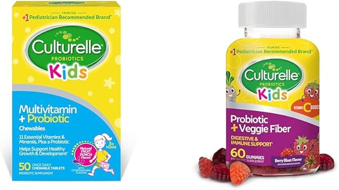 Culturelle Kids Complete Multivitamin + Probiotic Chewables 50 Count &amp Daily Probiotic for Kids + Veggie Fiber Gummies 60 Count