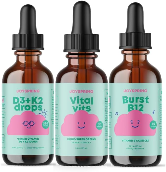JoySpring Vitamin D Drops for Toddlers to Support Growth Bone and Immune Health Daily Multivitamin with Burdock Root &amp Elderberry for Kids Immune Booster and Daily Complex B Vitamins with Vitam