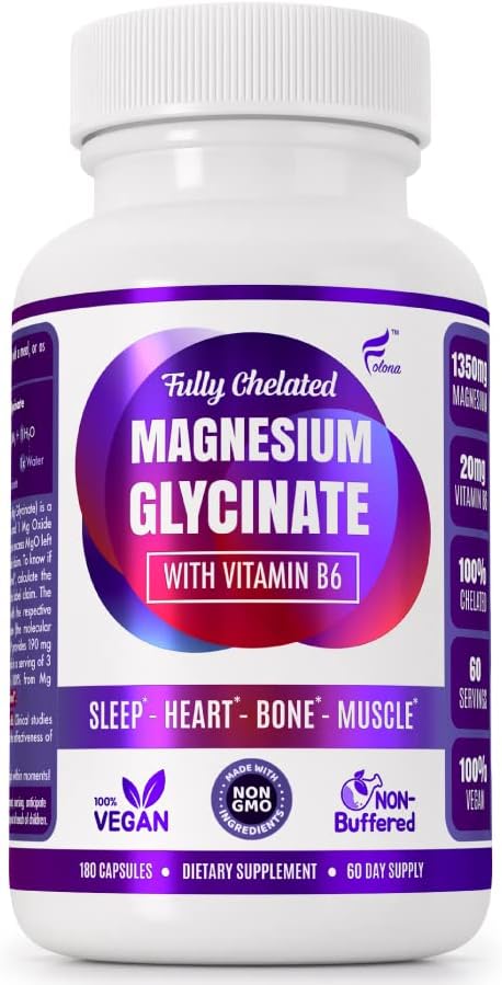 Magnesium Glycinate with Vitamin B6 Research Proven to Enhance Absorption 1350mg Fully Chelated - Supports Sleep Stress Relief Energy Muscle Cramps - Gluten Free NonGMO 180 Vegan Capsules
