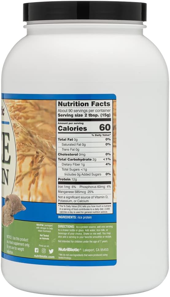 NutriBiotic Plain Rice Protein 3 Lb (1.36kg) | Low Carb Vegan &amp Raw Protein Powder | Grown and Processed Without Chemicals Gluten or GMOs | Keto Friendly &amp Easy to Digest