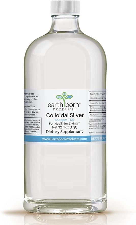 Earthborn Colloidal Silver Liquid (32oz) - 100PPM Pure Monatomic Silver Water - 99.9% Natural Nano Silver Liquid Supplement for Immune Support* Non-GMO Glass Bottle | Made in USA