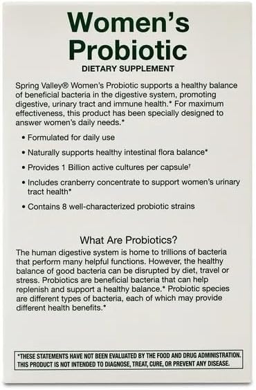 Spring Valley Women's Probiotic Dietary Supplement Vegetarian Capsules for Digestive Health Cranberry 60 Count Value Size + ViT4 Pill Box.