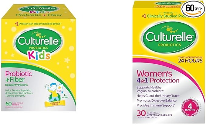 Culturelle Kids Probiotic + Fiber Packets (Ages 3+) - 60 Count - Digestive Health &amp Immune Support &amp Women’s 4-in-1 Daily Probiotic Supplements for Women - Supports Vaginal Health
