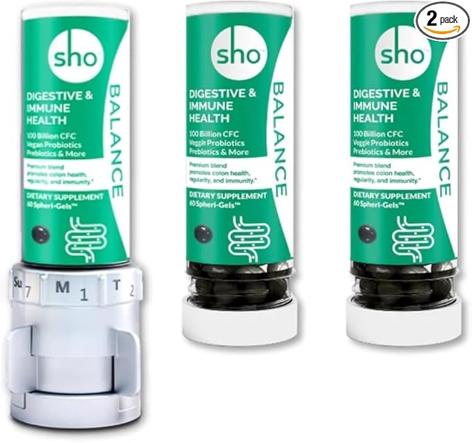 SHO Balance 100 Billion CFU Prebiotics &amp Probiotics for IBS Bloating Constipation Digestive Health Gut Health &amp Weight Loss Vegan Supplement for Women &amp Men with 2 Refill Bottles