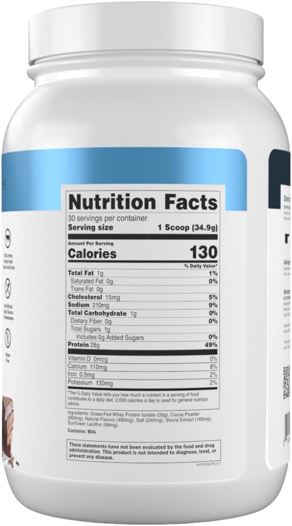 Transparent Labs Grass-Fed Whey Protein Isolate - Naturally Flavored Gluten Free Whey Protein Powder with 28g of Protein per Serving &amp 9 Amino Acids - 30 Servings Milk Chocolate