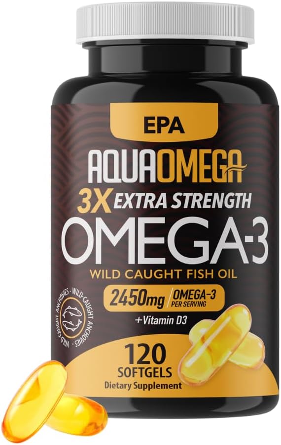 3X Extra Strength Omega 3 Fish Oil Supplements with High EPA and DHA Omega 3 Fatty Acids Fish Oil Supplement with Vitamin D and No Fishy Aftertaste 120 Softgels