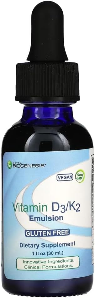 Nutra Biogenesis Vitamin D3/K2 Emulsion - Liquid Vitamin D Drops with MCT Oil D3 K2 Supplement for Adults and Kids Sublingual Oil Dropper for Women and Men - 1 Fl Oz Bottle (30 ml)