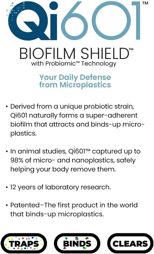 Qi601™ Microplastics Detox with Probiomic® Technology Your Daily Defense from Microplastics. Fights Microplastics with a Biofilm Shield™. 30 Capsules