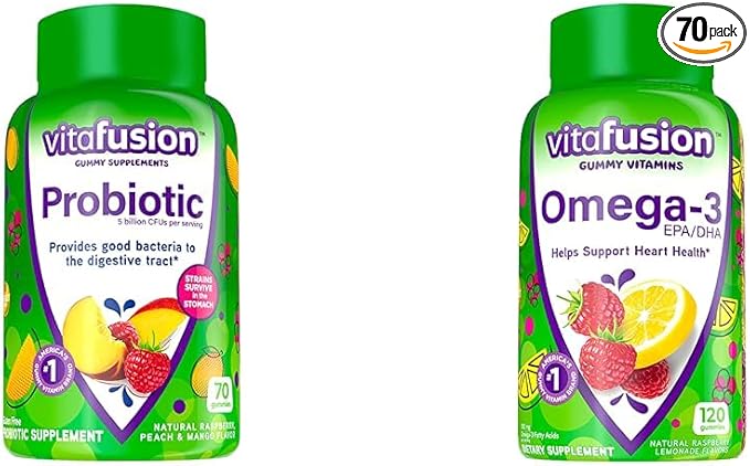 Vitafusion Probiotic Gummy Supplements Raspberry Peach and Mango Flavors &amp Omega-3 Gummy Vitamins Berry Lemonade Flavored Heart Health Vitamins(1) with Omega