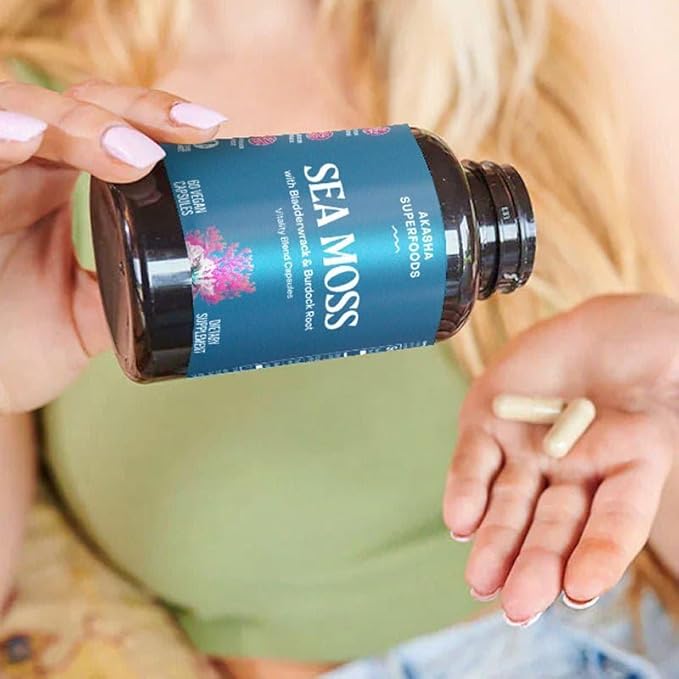 Akasha Superfoods Sea Moss Capsules Organic Irish Moss with Bladderwrack Root Burdock Root and BioPerine Skin Thyroid Digestion &amp Immunity Support for Women &amp Men Gluten Free Vegan 60
