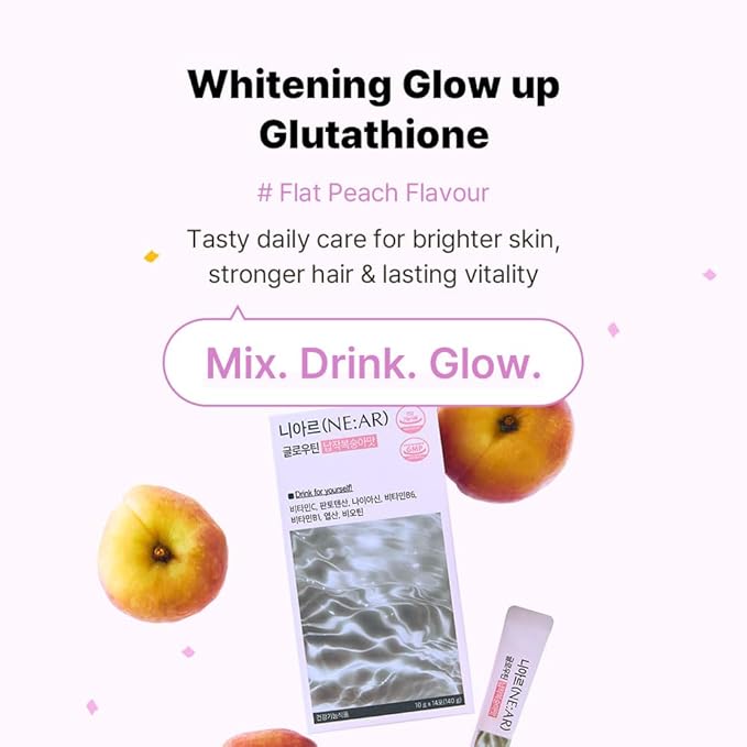 NE:AR Glow Boost Drink – 250mg Pure Glutathione + 500mg Vitamin C – Sugar-Free Beauty Powder for Skin Brightening &amp Hydration – Refreshing Flat Peach Flavor – Made in Korea