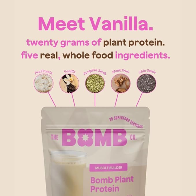 Blender Bombs The Bomb Co. Bomb Plant Protein Chocolate &amp Vanilla Protein Powder with 21g Protein Amino Acids Zero Sugar Pea Protein Cocoa Chia Seeds Vanilla &amp Monk Fruit 40 Srvgs
