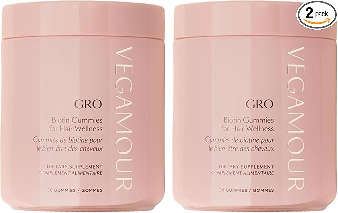 VEGAMOUR GRO Biotin Gummies Strawberry Flavor with 5000 mcg Biotin Supports Healthy Hair Vegan Gummies with Vitamins A B C E B-12 &amp More 30 Ct (Pack of 2)