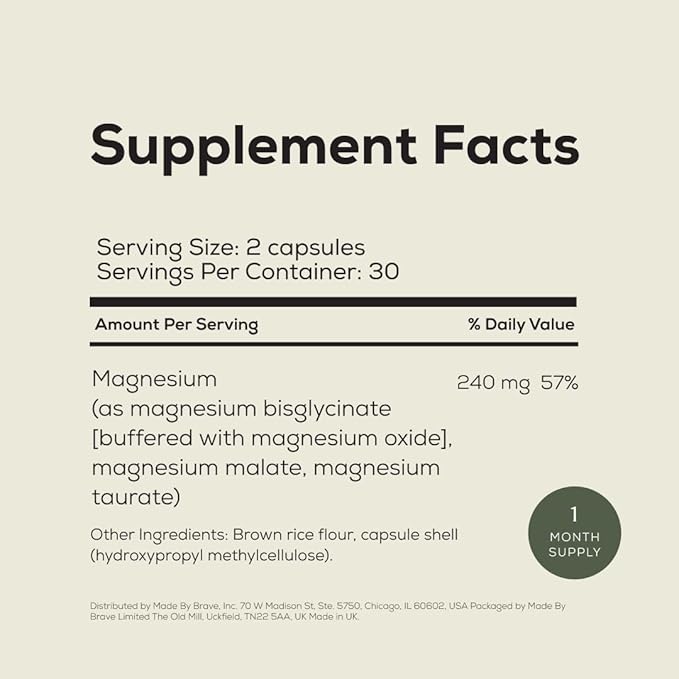 Ancient + Brave Triple Magnesium Capsules 30 Servings Triple Magnesium Complex for Women Energy and Relaxation Support Nervous System and Mood Balance Vegan for Daily Wellbeing