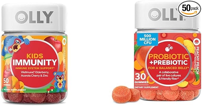 OLLY Kids Immunity Gummy Immune Support Wellmune Elderberry Vitamin C Zinc &amp Probiotic + Prebiotic Gummy Digestive Support and Gut Health 500 Million CFUs Fiber