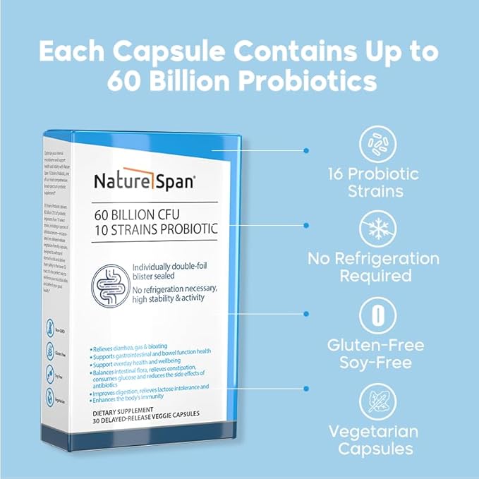 60 Billion CFU 10 Strains Probiotic-Additional prebiotics are added to regulate the balance of intestinal flora promote peristalsis enhance immunity and improve intestinal health30 Capsules