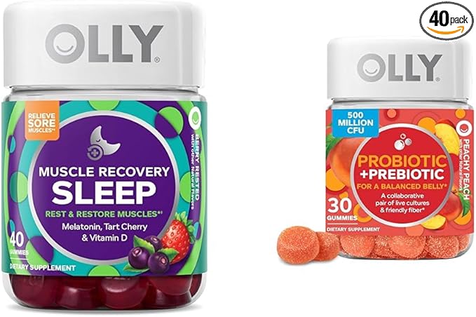 OLLY Muscle Recovery Sleep Gummies Sleep and Sore Muscle Support 3mg Melatonin Tart Cherry &amp Probiotic + Prebiotic Gummy Digestive Support and Gut Health 500 Million CFUs Fiber