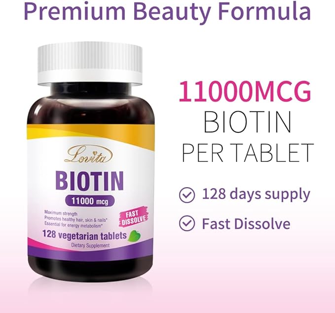 LOVITA Maximum Strength 11000mcg Biotin: Fast-Dissolving Vegetarian Tablets - Easily Absorbed Gluten &amp Dairy-Free 128 Vegan-Friendly Tablets (Pack of 3)