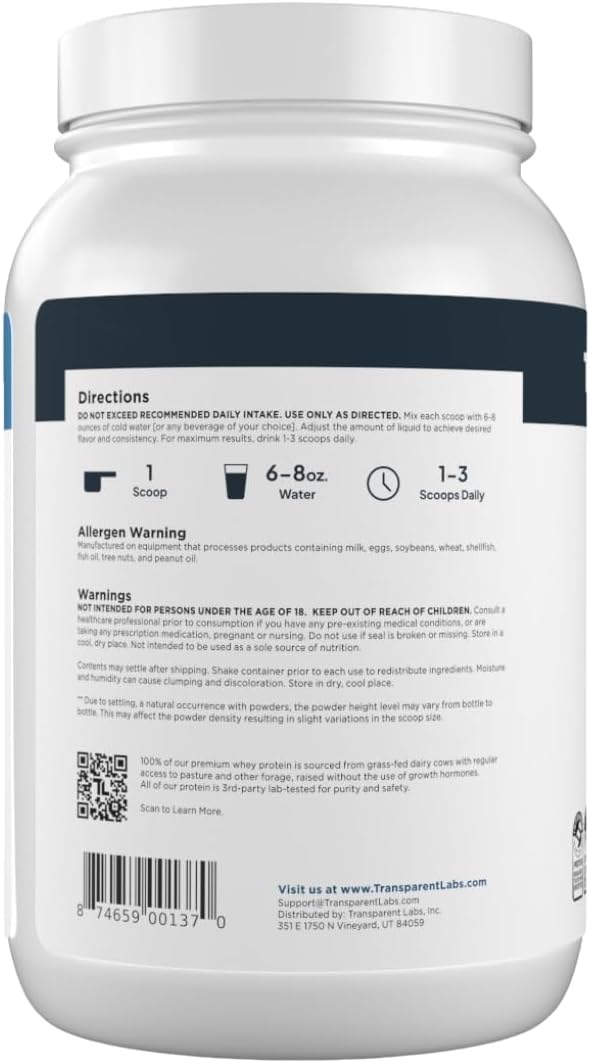 Transparent Labs Grass-Fed Whey Protein Isolate - Naturally Flavored Gluten Free Whey Protein Powder with 28g of Protein per Serving &amp 9 Amino Acids - 30 Servings French Vanilla