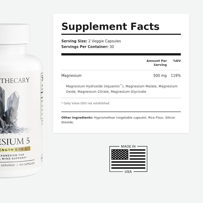 Magnesium Complex Supplement - 5 Forms Citrate Glycinate Malate Oxide Aquamin - Multi Magnesium Blend - High Absorption Chelated - Essential Mineral - Non-GMO Gluten-Free - 60 Capsules