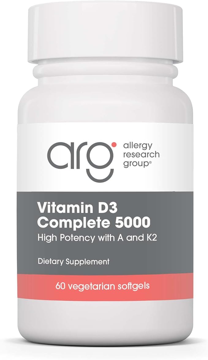 Allergy Research Group Vitamin D3 Complete 5000 - Delivers 125 mcg Vitamin D3 - with Vitamin A &amp K2 - Supports Bone Strength Immune Balance &amp Healthy Mindset - 60 Servings - 60 Capsules
