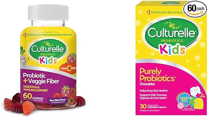 Culturelle Daily Probiotic for Kids + Veggie Fiber Gummies (Ages 3+) - 60 Count &amp Kids Chewable Daily Probiotic for Kids Ages 3+ 30 Count