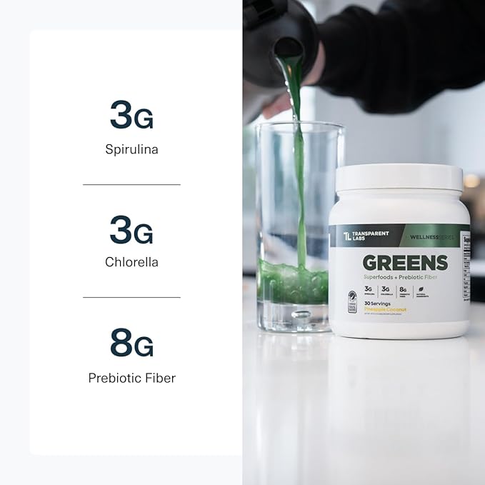 Transparent Labs Prebiotic Greens - Superfood Powder &amp Antioxidants Supplement with Organic Spirulina Chloerra Acacia &amp Green Banana Powder - 30 Servings Unflavored