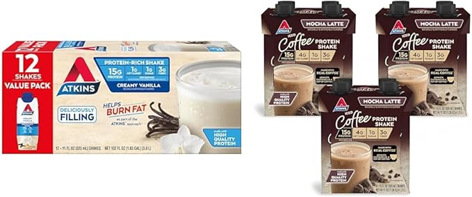Atkins Creamy Vanilla Protein Shake 15g Protein Low Glycemic 2g Net Carb 1g Sugar Keto Friendly 12 Count &amp Mocha Latte Iced Coffee Protein Shake 15g Protein Low Glycemic 4g Net Carb 1g S