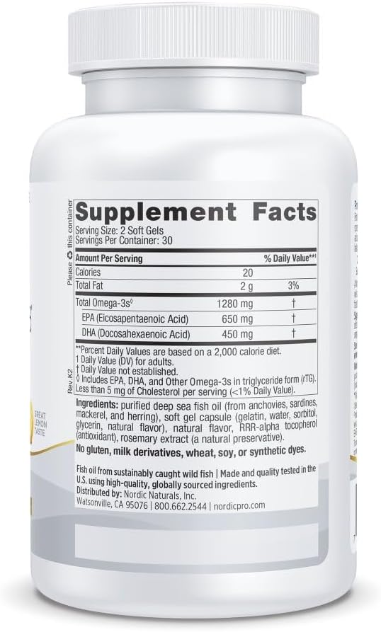 Nordic Naturals ProOmega Lemon Flavor - 60 Soft Gels - 1280 mg Omega-3 - High Potency Fish Oil with EPA &amp DHA - Promotes Brain Eye Heart &amp Immune Health - Non-GMO - 30 Servings