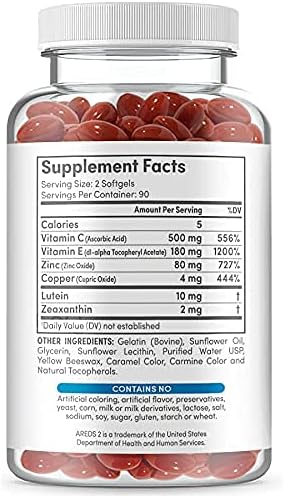 Eye Vitamins - AREDS 2 Based Formula - Eye Vitamin with Lutein &amp Zeaxanthin for Macular Health - Vision Supplements for Adults - 180 Softgels Support &amp Care for Eyes - Made in USA