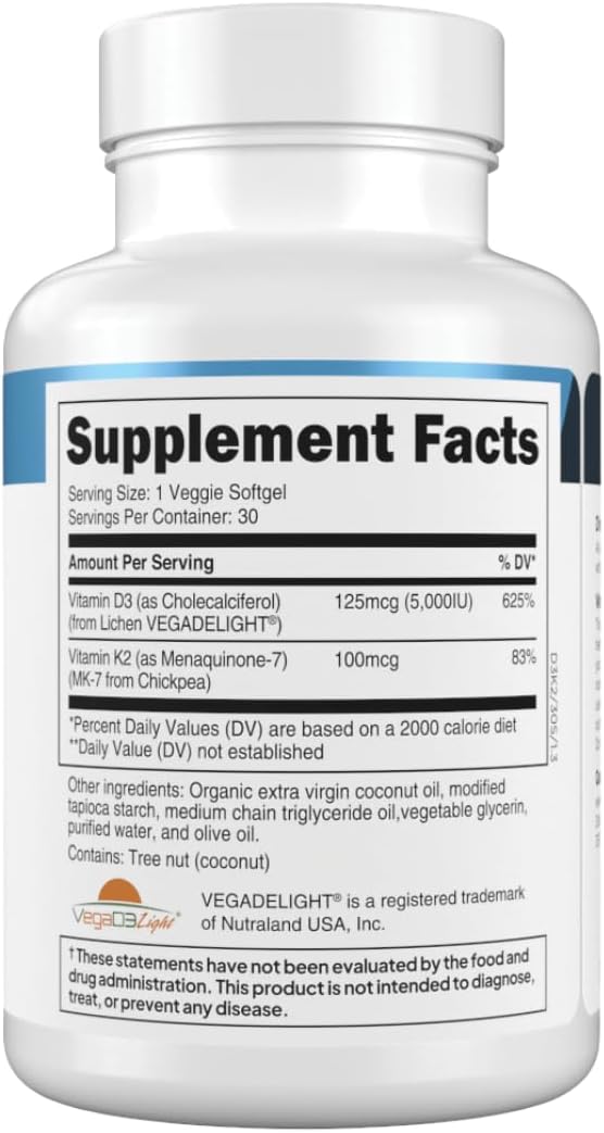 Transparent Labs Vitamin D3 K2 - Vitamin D &amp K2 Vitamin Supplement for Men &amp Women Vegan-Friendly D3K2 5000 IU Supplements to Support Bone Immune and Overall Health - K2 D3 60 Capsules