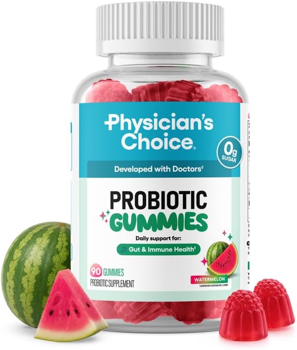 Physician's CHOICE Probiotic Gummies with Vitamin D &amp Prebiotic Fiber - Sugar Free - 1B CFUs of Clinically Studied Probiotic - Supports Immune &amp Gut Health for Women &amp Men - Watermelon Fla