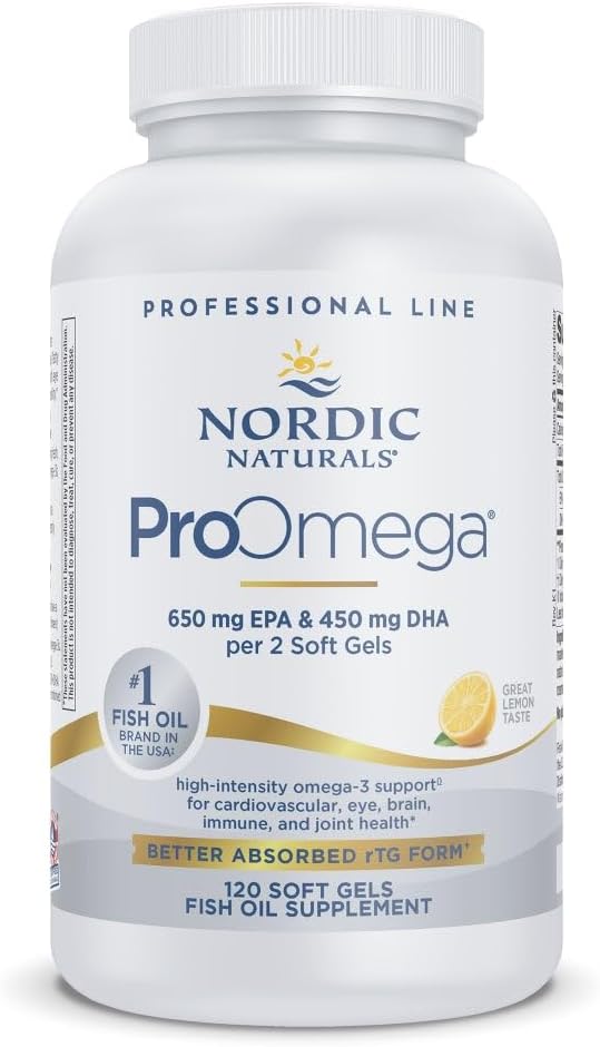 Nordic Naturals ProOmega Lemon Flavor - 120 Soft Gels - 1280 mg Omega-3 - High Potency Fish Oil with EPA &amp DHA - Promotes Brain Eye Heart &amp Immune Health - Non-GMO - 60 Servings