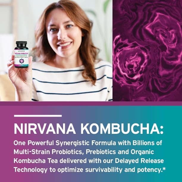 TRIO NUTRITION Nirvana Kombucha - Multi-Strain Probiotics &amp Prebiotic Blend with Organic Tea - Delayed-Release Capsules for Digestive &amp Immune Health - Bloating Relief - Natural pH Balance