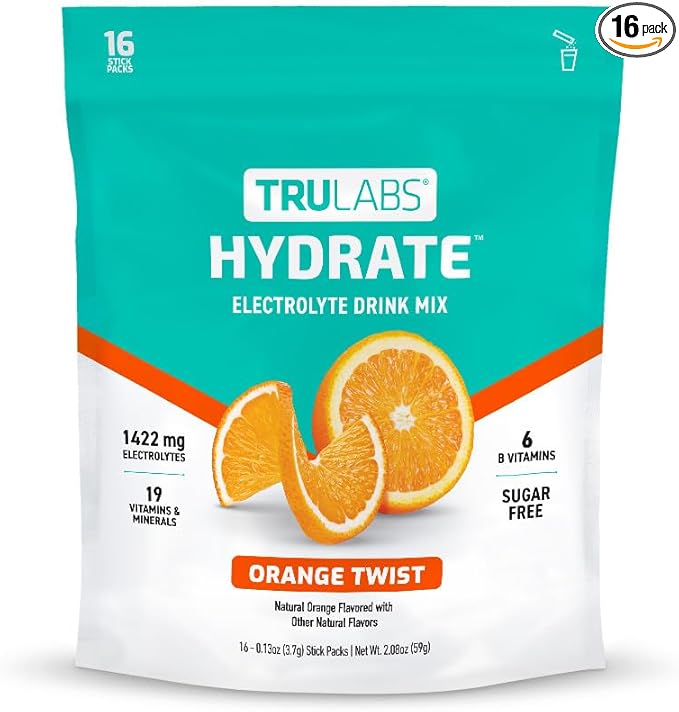 TRULABS Hydrate - Orange Twist. Sugar Free Electrolytes Hydration Packets. Each Serving Contains 1422 mg of Electrolytes &amp19 Vitamins &amp Minerals (16 ct)
