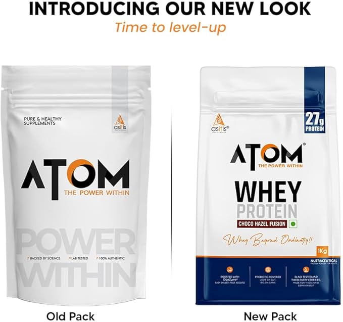 AS-IT-IS Atom Whey Protein 1kg/35.2 Oz With Digestive Enzymes | Usa Labdoor Certified for Accuracy &amp Purity | Choco Hazel Fusion Flavor | 27g Protein | 5.7g Bcaaâ