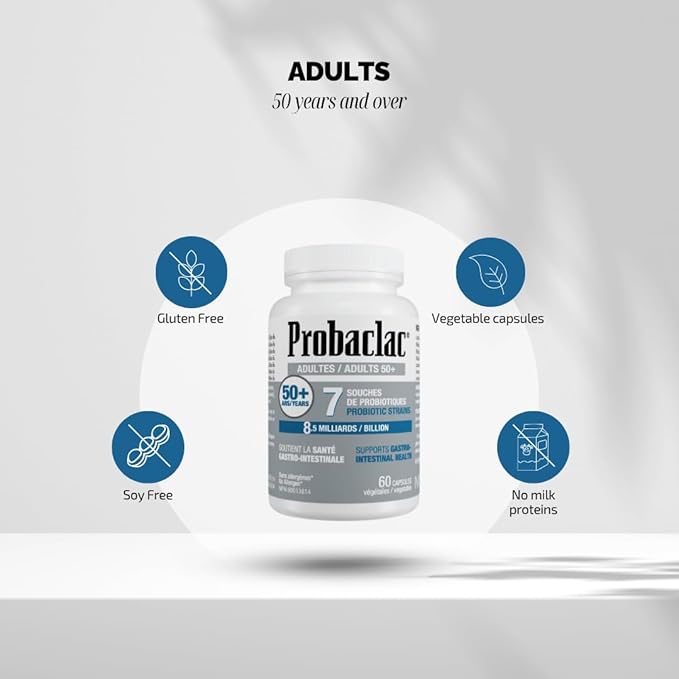 Probiotics for 50+. It Help Support gastrointestinal Health and Bloating Relief and Contribute to a Natural Healthy Intestinal Flora.7strains of probiotic and lactic Ferment Complex. (60)