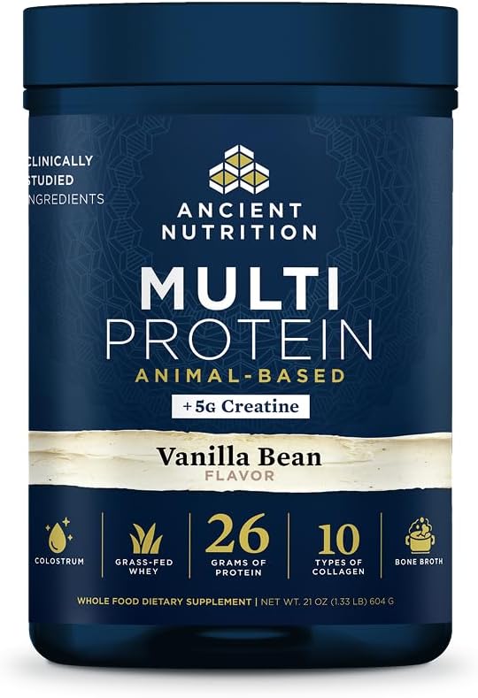 Ancient Nutrition Multi Protein Animal Based Powder + Creatine 26g Protein Grass Fed Whey Bone Broth Collagen Peptides 5g Creatine Monohydrate Colostrum &amp Probiotics Vanilla Bean 15 Servin
