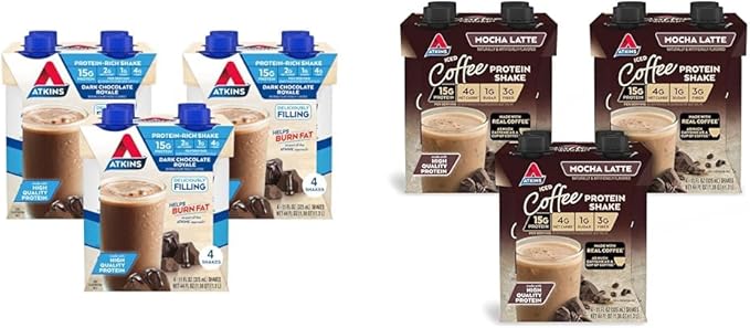 Atkins Dark Chocolate Royale Protein Shake &amp Mocha Latte Iced Coffee Protein Shake 15g Protein Low Glycemic 4g Net Carb 1g Sugar Keto Friendly.