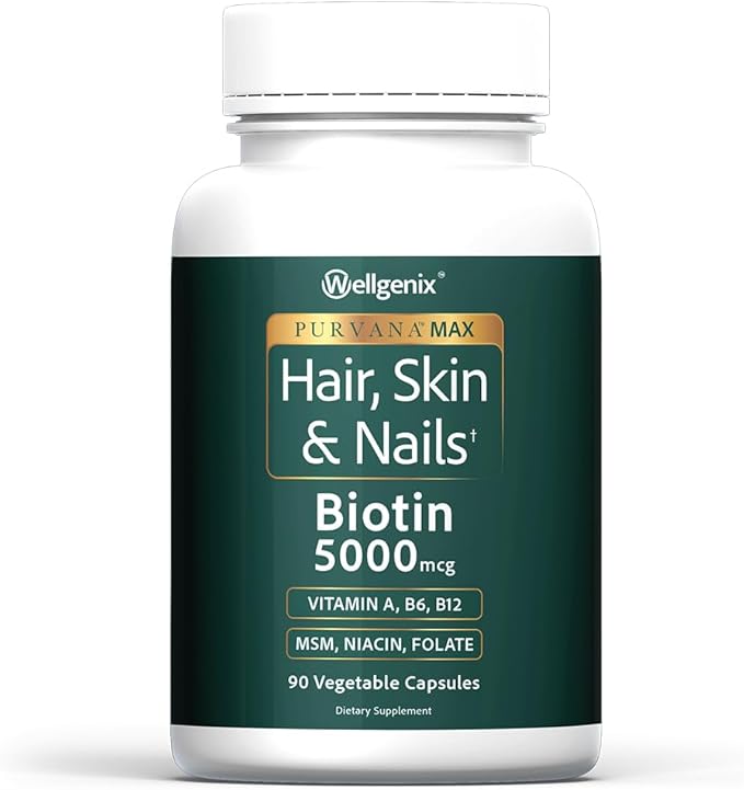 Wellgenix Purvana MAX Hair Skin and Nails Supplement – 5000mcg Biotin with MSM &amp B-Complex – Supports Thicker Hair Stronger Nails &amp Glowing Skin – 90 Veggie Capsules