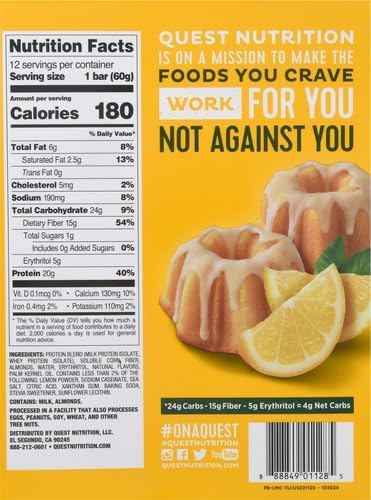 Quest Nutrition Lemon Cake Protein Bars High Protein Low Carb Gluten Free Keto Friendly 12 Count (Pack of 1)