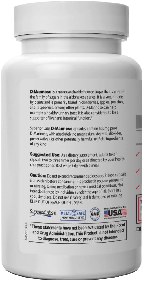 Superior Labs D-Mannose 500 mg Pure Non-GMO Optimal Absorption Prebiotic Urinary Tract Bladder &amp Kidney UTI Support Digestive &amp Liver Health Aid IC Relief for Women &amp Men 120 Veg Cap