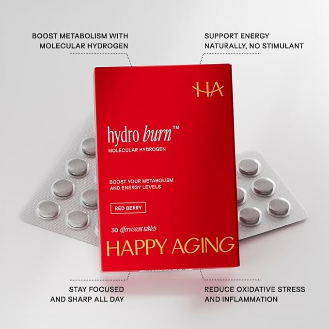 Happy Aging Hydro Burn H2 Molecular Hydrogen Water Tablets|Clean Energy &amp Metabolic Support| Molecular Hydrogen with Magnesium| Fast-Dissolving Keto Antioxidant|30 Red Berry Tablets