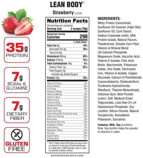Lean Body All-in-One Strawberry Protein Shake. 35g Protein Whey Blend 7g Healthy Fats &amp Fiber 22 Vitamins and Minerals No Artificial Colors Gluten Free (4.6lb) Packaging May Vary
