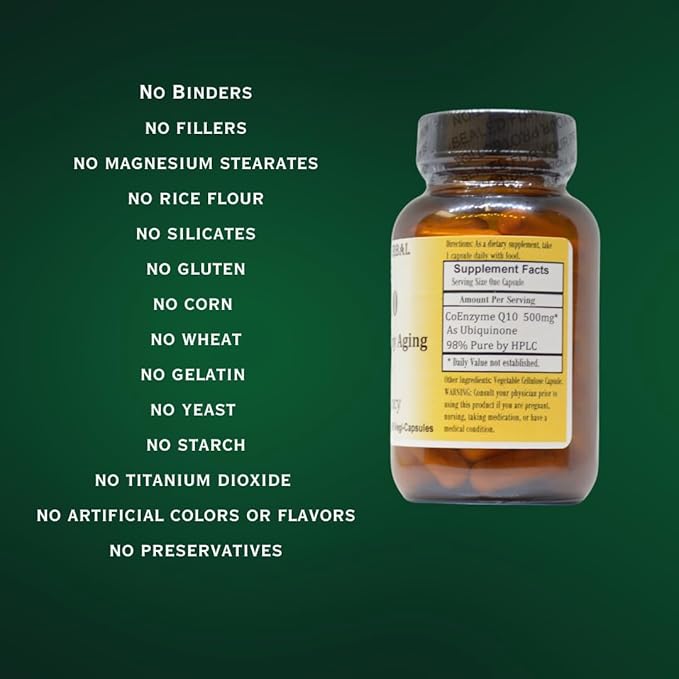 Barlowe's Herbal Elixirs CoQ10 | Ubiquinone | Hi-Potency | 500 mg Per Capsule | Stearate-Free | Encased in Recyclable Glass Bottle | Heart Health Support | 60 Veggie Capsules