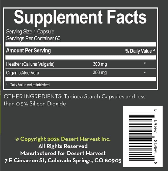 Desert Harvest Heather’s UTI Defense – Botanical Urinary Tract Support Supplement with Calluna vulgaris &amp SSAV Aloe Vera – 60 Capsules (Plant-Based Vegan Daily Use)