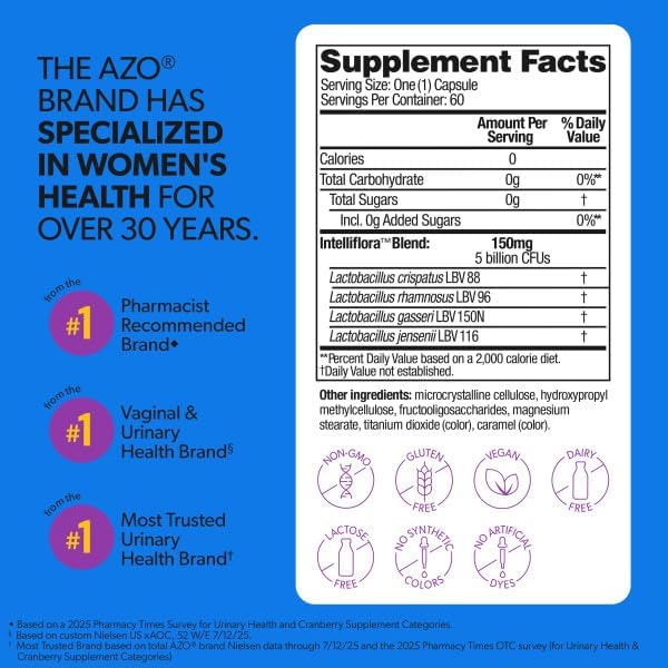 AZO Complete Feminine Balance Daily Vaginal Probiotics for WomenClinically Proven to Help Protect Vaginal HealthHelps Balance pH and Yeast60 Count (Pack of 2)
