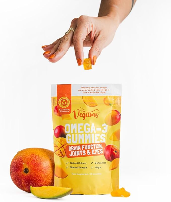 Vegums Fish-Free Omega-3 Gummies - 60 Orange-Flavored Algae-Based Omega-3 (DHA) &amp Vitamin E Supplement for Kids &amp Adults - Vegan &amp Vegetarian Friendly