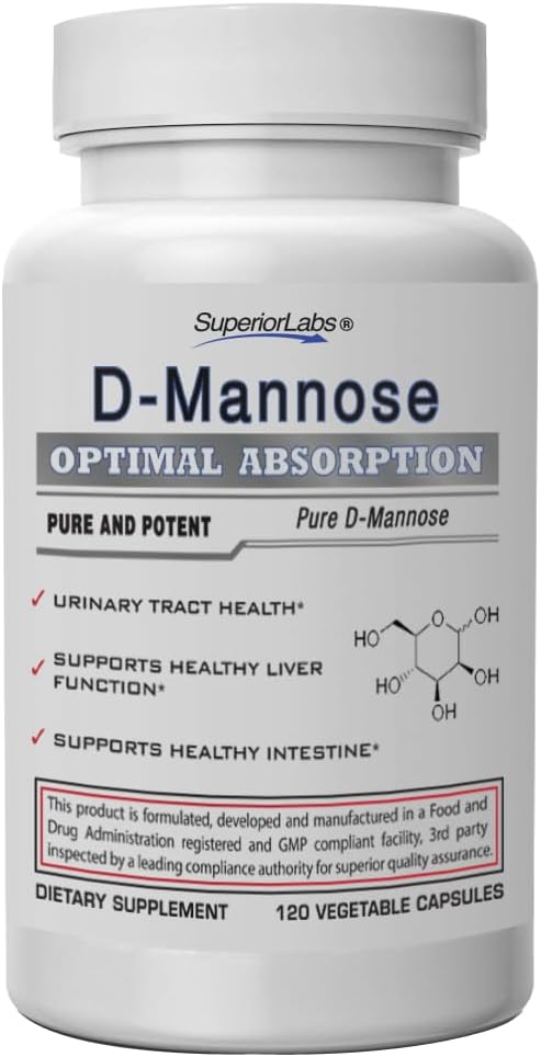 Superior Labs D-Mannose 500 mg Pure Non-GMO Optimal Absorption Prebiotic Urinary Tract Bladder &amp Kidney UTI Support Digestive &amp Liver Health Aid IC Relief for Women &amp Men 120 Veg Cap